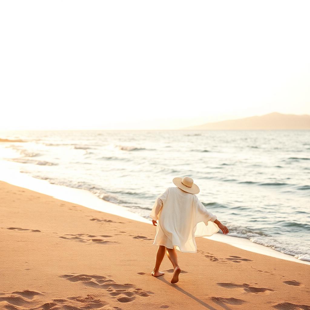 Woman in an ivory linen cover-up walking the shoreline