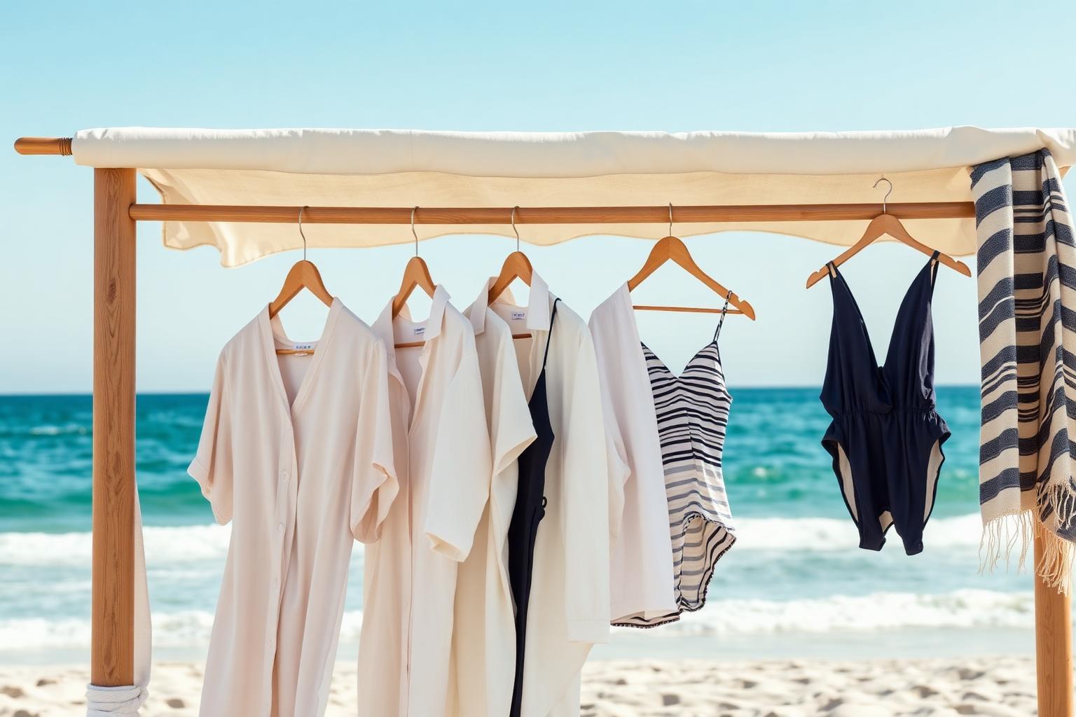 Beachwear rail of kaftans, linen shirts and swimwear beside the sea