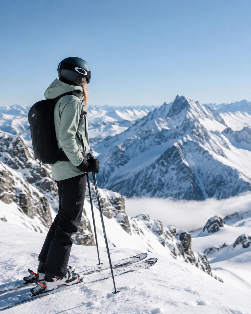 Skier on a snowy alpine ridge looking over dramatic mountain peaks