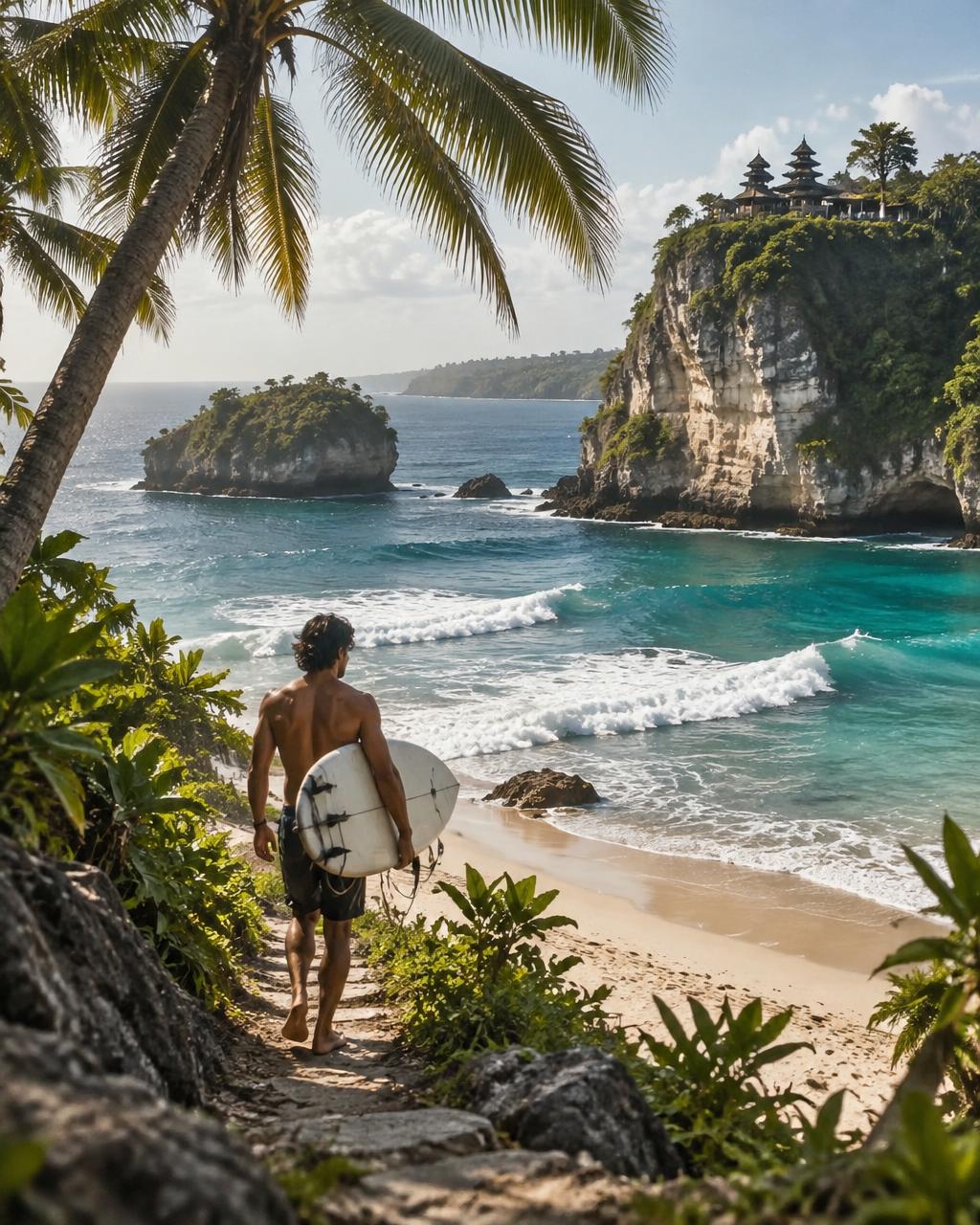 Surfer walking down to a tropical Bali beach framed by palm trees and cliffs