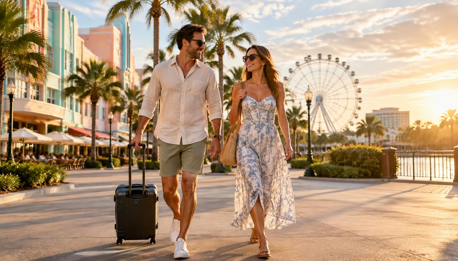 Travellers with a cabin suitcase walking past palm trees and pastel buildings in Orlando at golden hour